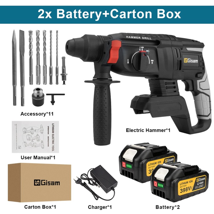 Ciocan rotopercutor cu acumulator, Rotativ, 18V, Motor fara perii, 26 mm, 3500 rpm, 4800 percutii/min, 2 acumulatori inclusi