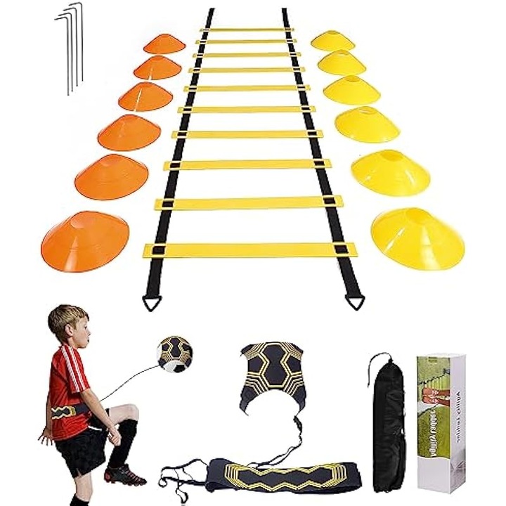 Set accesorii antrenament fotbal, scara agilitate 6m, conuri multicolor, sac depozitare