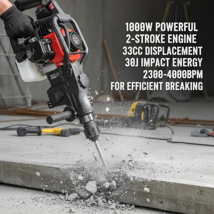 Ciocan demolator pe benzina, 2 timpi, 33 cmc, 30 J energie de impact, pornire la sfoara, pentru beton si piatra, amestec 25:1, rezervor 0, 9 l