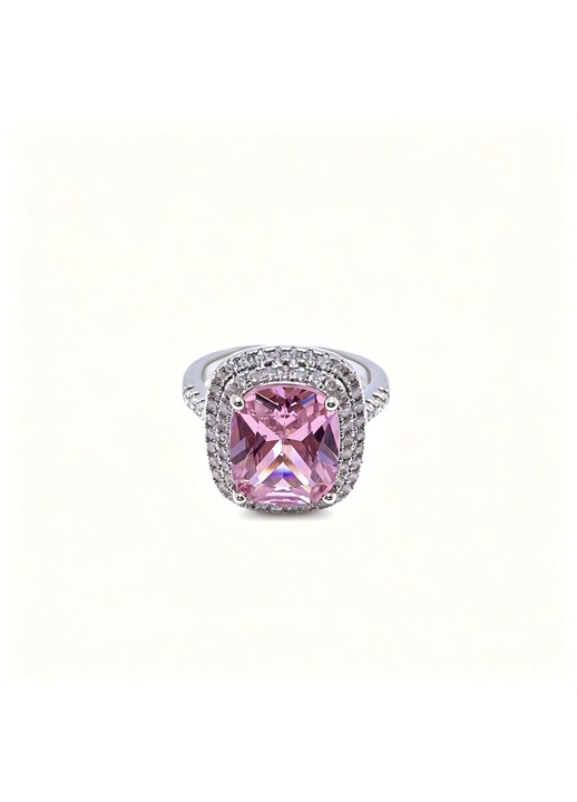 Inel dublu cu diamant roz, otel inoxidabil placat argint, argintiu, 1.8cm