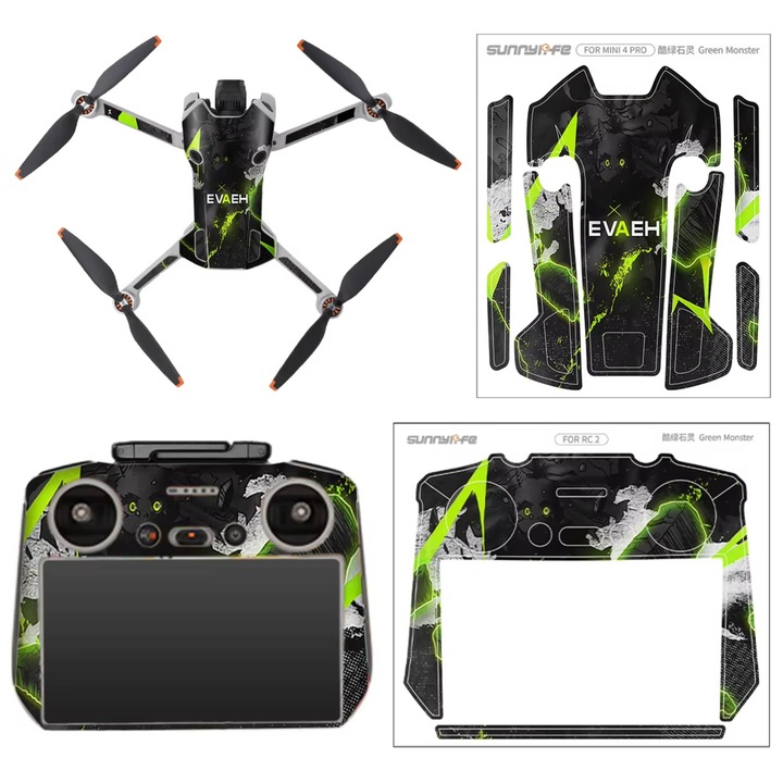 Set autocolante folie protectoare Sunnylife Green Monster pentru DJI Mini 4 Pro si RC 2, decupaje precise, montaj fara bule, negru/verde, 1 set