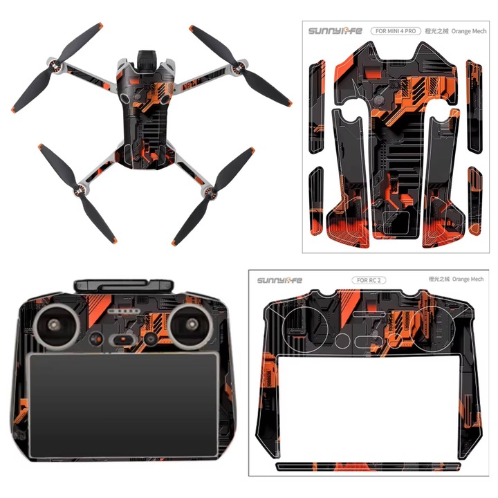 Set folii protectoare Sunnylife Orange Mech, dedicate pentru DJI Mini 4 Pro si controler RC 2, rezistente la UV si apa, usor de montat fara bule, Negru/Portocaliu, 1 set
