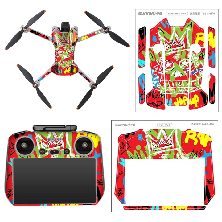 Set folii protectoare Sunnylife Red Graffiti pentru drona DJI Mini 4 Pro si controler RC 2, multicolor, 17x19.5cm