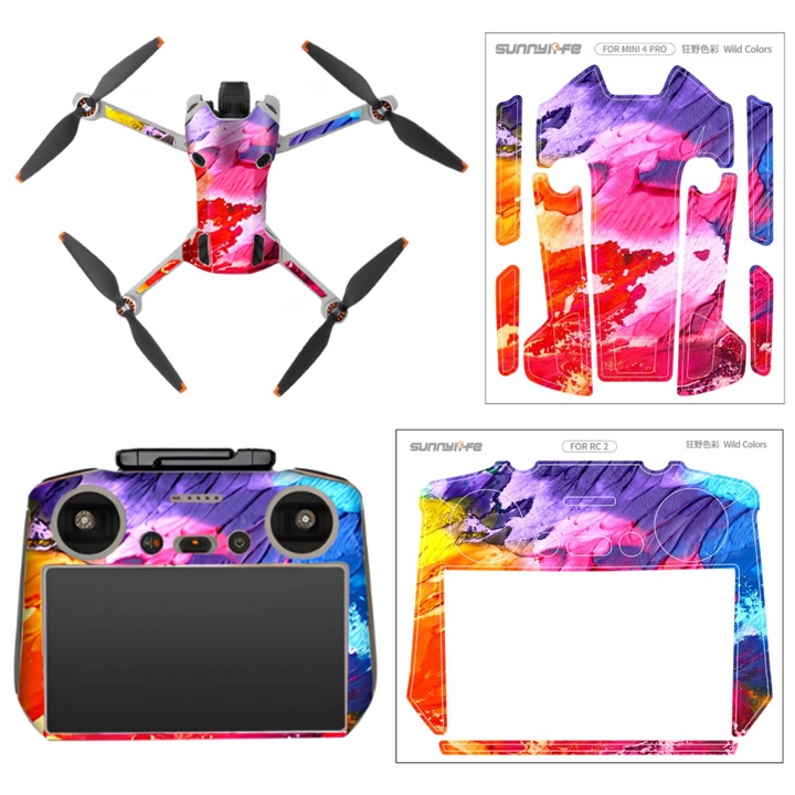 Set folie protectoare Sunnylife Wild Colors dedicat DJI Mini 4 Pro si controler RC 2, antizgariere, rezistenta la apa si UV, Multicolor, 1 set