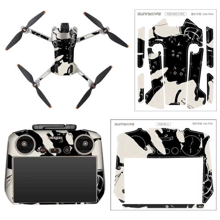 Set folii protectoare si autocolante Sunnylife Cats Park, dedicate DJI Mini 4 Pro si controler RC 2, rezistente la apa si UV, usor de aplicat fara bule, negru/crem, 1 set