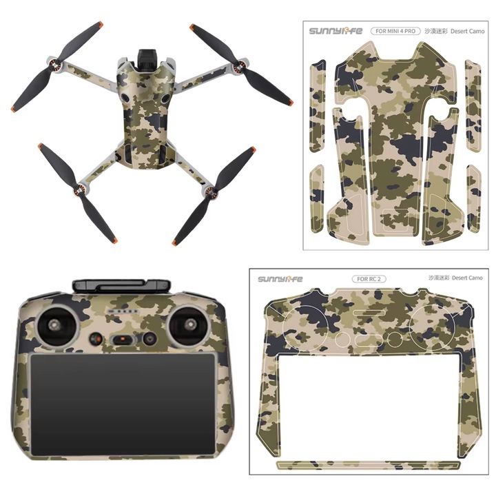 Set folii protectoare Sunnylife Desert Camo pentru drona DJI Mini 4 Pro si controler RC 2, multicolor, 17x19.5cm