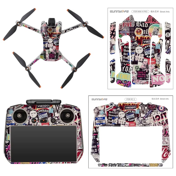 Set folii protectoare si autocolante Sunnylife Street Arts, DJI Mini 4 Pro, RC 2, multicolor, 17x19.5cm
