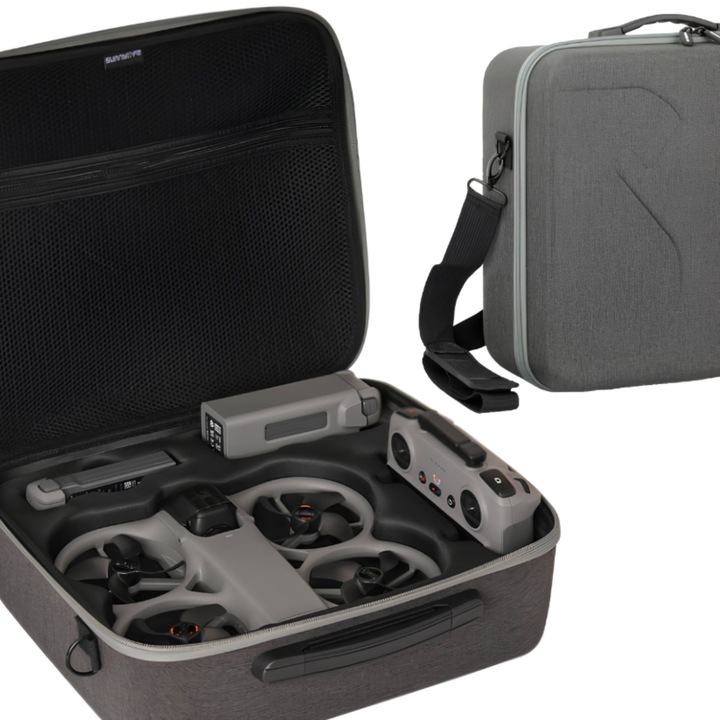 Sunnylife, geanta etui textil cu interior din flanela, profilata pentru DJI Avata 360 si DJI RC 2, compartiment pentru 5 baterii si buzunar mesh cu fermoar, gri, 31.2x34x15 cm