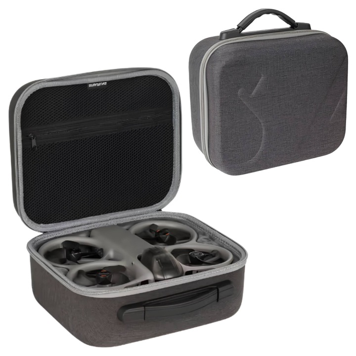 Husa etui de transport Sunnylife pentru DJI Avata 360 si DJI RC 2, profilata cu interior din flanela si buzunar cu fermoar, Gri, 26.1×23×13.2 cm