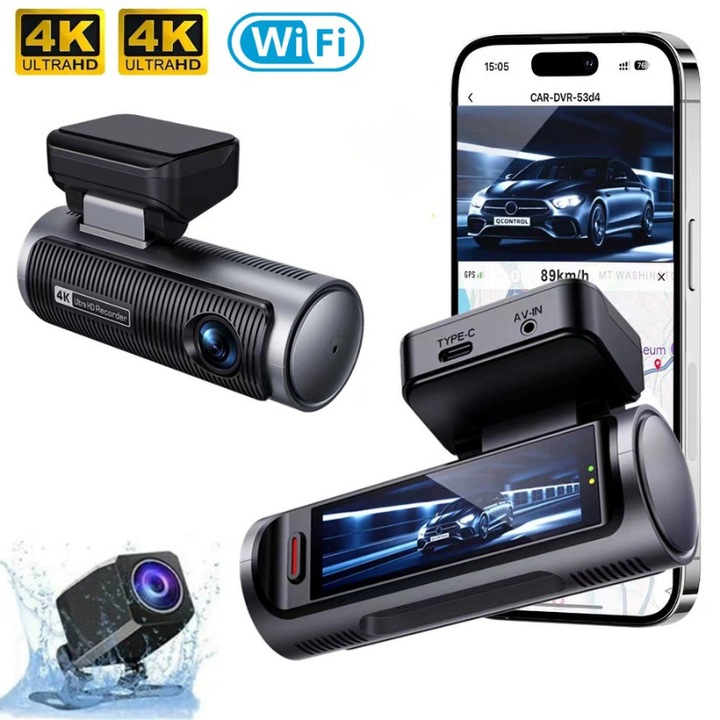 Camera auto dubla MaGeCa, 4K Ultra HD fata si spate, WIFI, Control aplicatie, Senzor de coliziune G-senzor, GPS incorporat, Inregistrare in bucla, Mod parcare, Vedere nocturna, Ecran IPS 3.19 inch, Tehnologie WDR