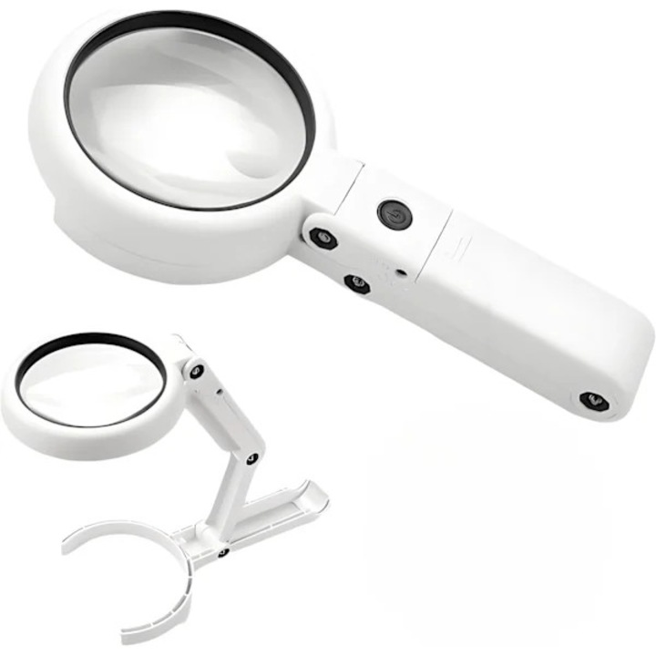 Lupa de citit, lupa de mana Model 2025, marire 7x, 6 LED cu lumina soft si puternica, alimentare USB sau 3 x AAA, pliabila cu suport de birou, alb, 1 buc