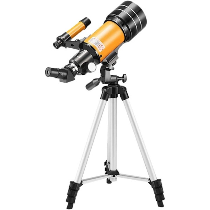 70mm-es refraktor csillagászati távcső, többrétegű, szélessávú bevonattal a tisztaságért, állítható, visszahúzható állvány, 20mm/6mm/12mm okulárok, 1.5x/3x lencsék, narancs/fekete, 1 db