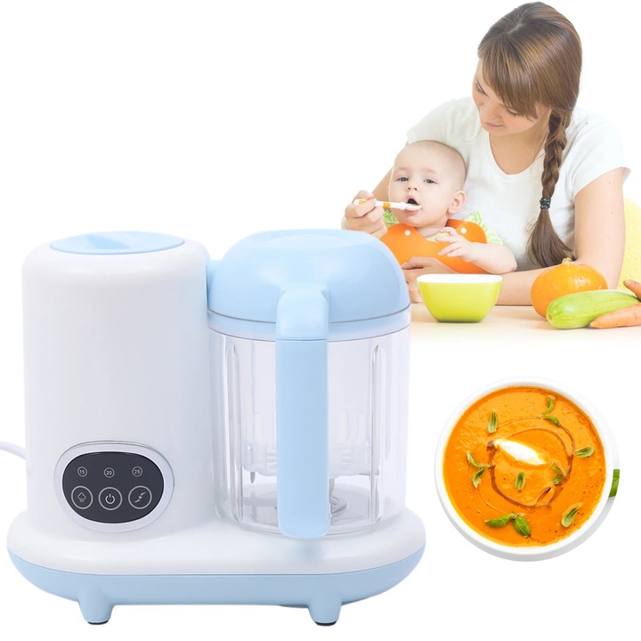 Bébiétel készítő gép, pároló és turmixgép, 300 W, 2 penge, 250 ml, 220 V EU csatlakozó, PP és 304 rozsdamentes acél