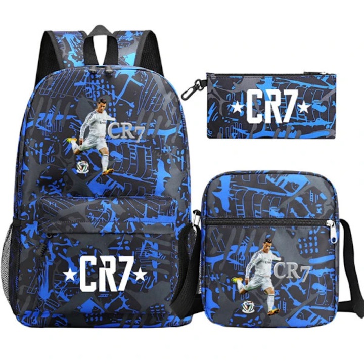 Set rucsac scolar din poliester cu imprimeu CR7 - 3 piese, rucsac laptop, geanta de umar si penar, Albastru/Negru, Marime unica