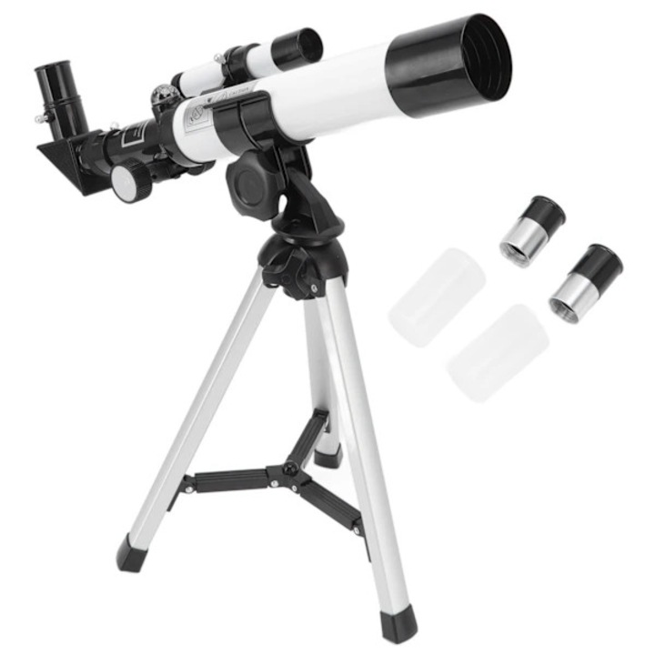 Hordozható refraktor csillagászati távcső, 40 mm apertúra, 400 mm fókusztávolság, gyerekeknek és kezdőknek, fém és műanyag, fehér/fekete, 1 db