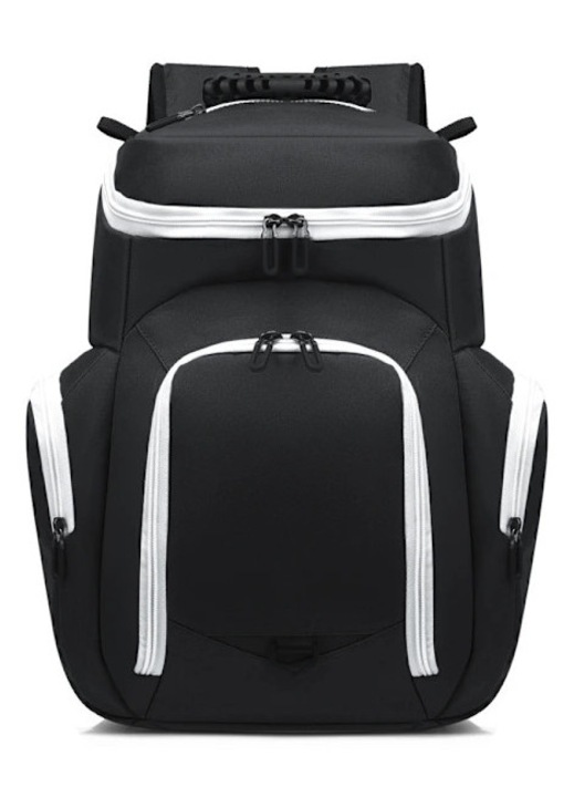 Rucsac sport/ghiozdan din textil cu compartiment pentru minge marimea 7, multiple buzunare, Kobe, negru/alb, 48x20x30 cm
