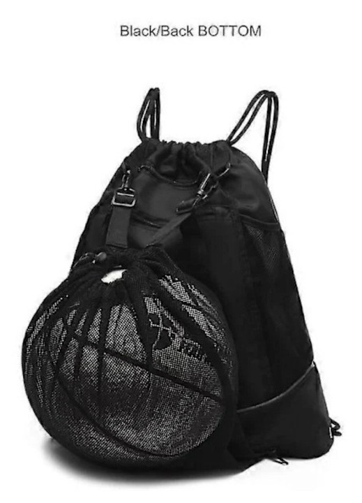 Rucsac sport din nylon, cu snur si plasa detasabila pentru minge, pliabil, buzunar frontal cu fermoar, 2 buzunare laterale plasa, pentru baschet/fotbal/volei, negru