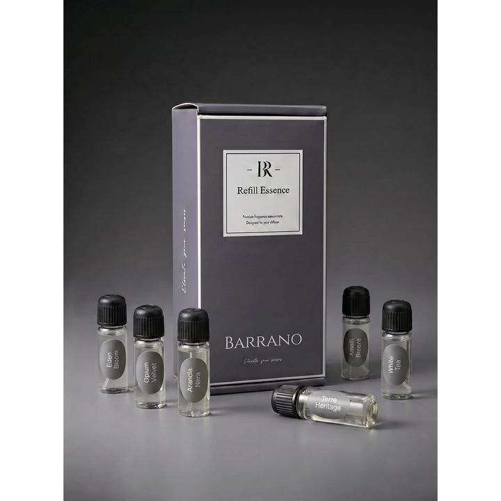 Set rezerve parfumuri pentru difuzorul Barrano Nero, 6 sticlute a câte 5ml, White Tea, Amalfi Breeze, Terre Heritage, Opium Velvet, Arancia Nera, Eden Bloom