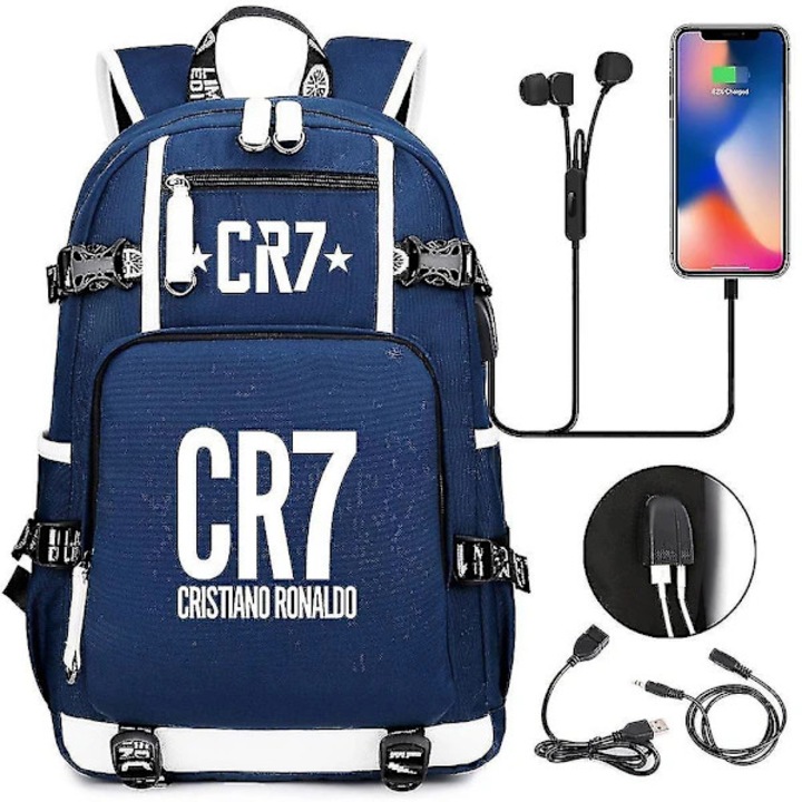 Textil iskolatáska szett külső USB porttal és CR7 Cristiano Ronaldo mintával – 3 részes, Sötétkék, 45x31x14 cm