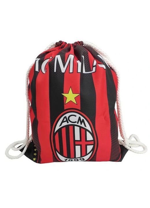 Rucsac tip sac cu snur din poliester, usor si pliabil, cu logo AC Milan, rosu/negru