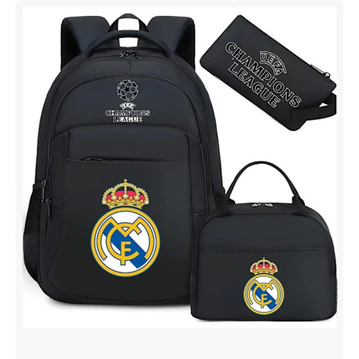 3 részes iskolai hátizsák szett Oxford anyagból, Real Madrid logóval, 3 rétegű gyöngyházfényű és légáteresztő pántokkal, 14 hüvelykes laptop/A4 kapacitás, fekete