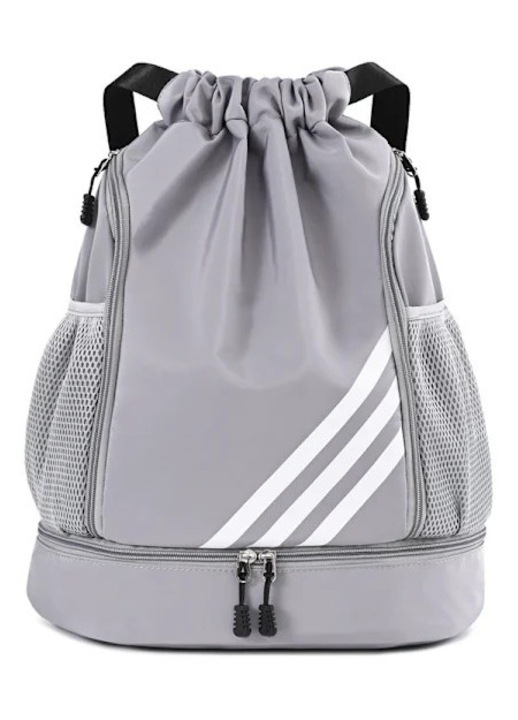 Rucsac cu snur, sac sport din nylon, cu compartiment pentru incaltaminte si separare umed/uscat, buzunare laterale din plasa, MZ2938, Gri, 20-35L