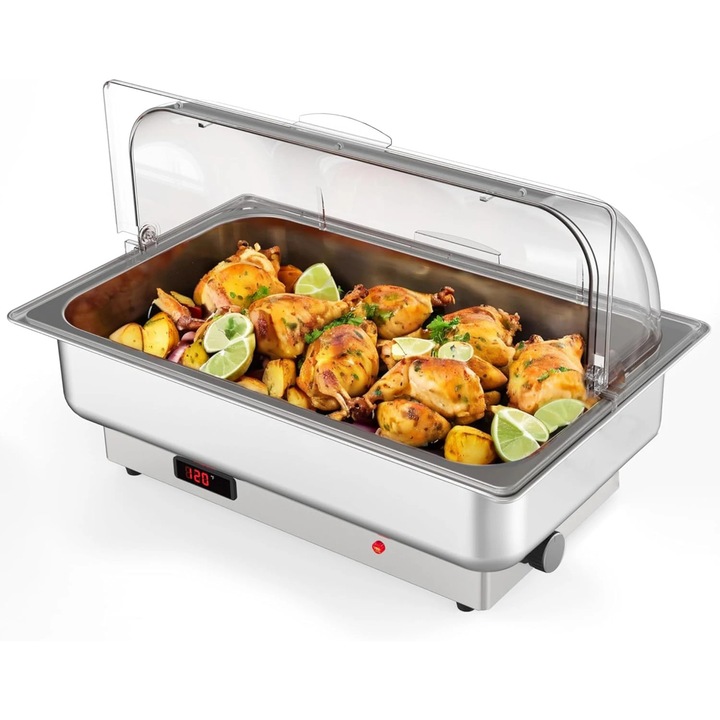 Incalzitor electric pentru bufet, Chafing Dish, 9 L capacitate, reglaj temperatura, 600 W, capac roll-top, otel inoxidabil, argintiu