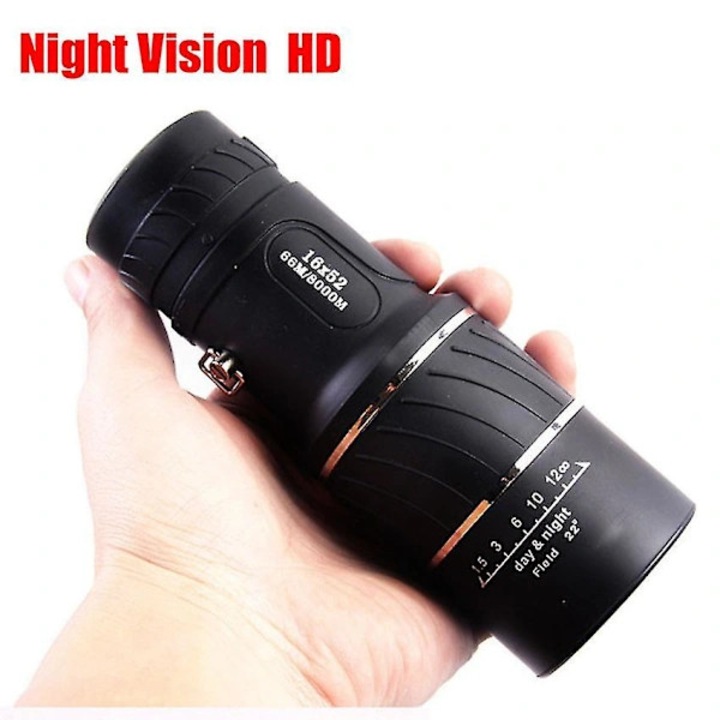 Monocular/Monoclu 16x52 HD BaK4, lentile multistrat, vizualizare nocturna, obiectiv 52 mm, camp vizual 66 m/8000 m, Negru, 1 buc