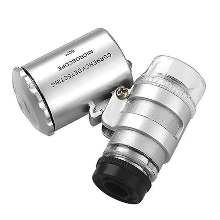 Microscop de buzunar 60X, lupa portabila cu 2 LED albe si lumina UV, din metal si ABS, argintiu, 1 buc