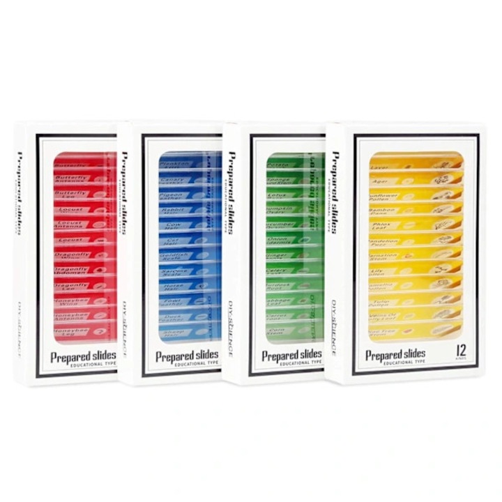 Set 48 bucati, lame pregatite pentru microscop, educationale (plante, insecte, animale), plastic transparent, non-toxic, etichetate, multicolor
