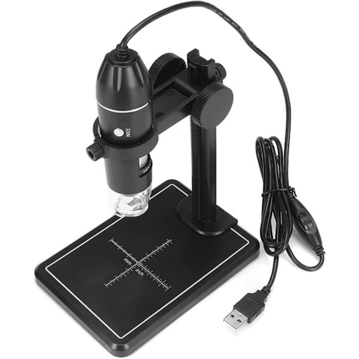 Дигитален микроскоп 3-в-1 1600x, USB, резолюция 1920x1080, с регулируема по височина стойка, преносим, черен, 1 бр