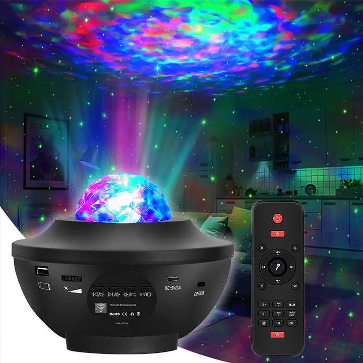 Csillagprojektor, Aiorber, éjszakai fény funkcióval, Bluetooth hangszóróval, különféle színhatásokkal, távirányítóval, hálózati tápellátású modell, fekete