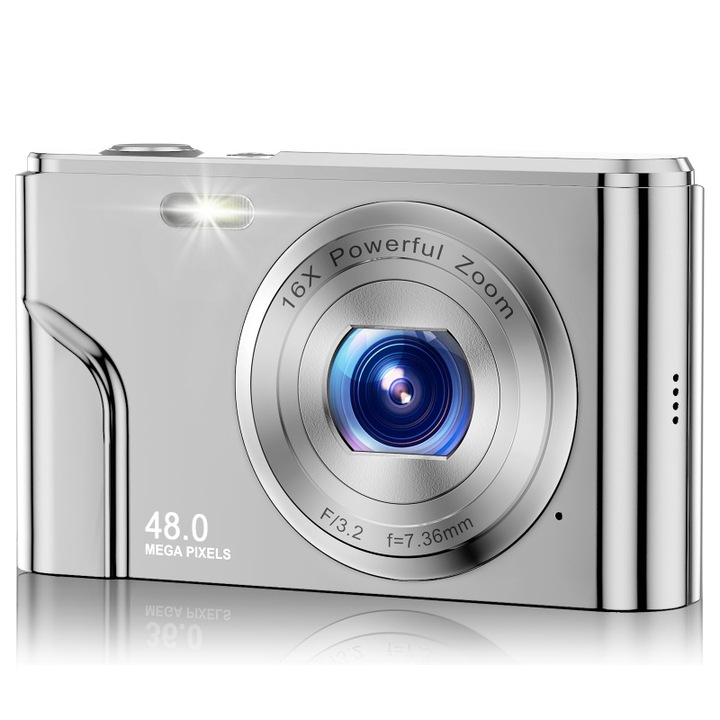 Aparat foto digital compact, Aiorber, card de memorie de 32 GB, ecran IPS de 2, 4 inci, 48 de milioane de pixeli, zoom 16x, temporizator pentru selfie, argintie