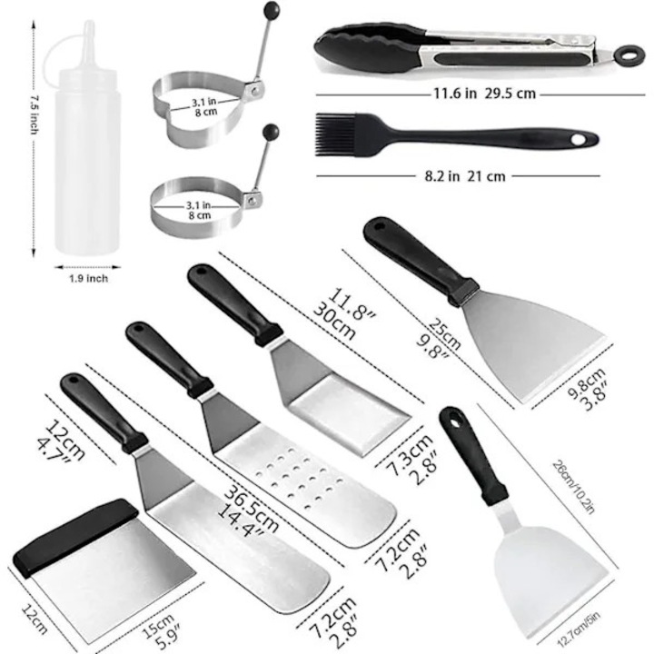 Set 11 piese, ustensile pentru gratar si plita, spatule si raclete din otel inoxidabil, manere rezistente la caldura, inox/negru