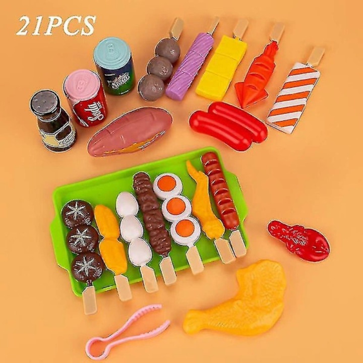Set joaca gratar pentru copii, din plastic, cu accesorii si alimente jucarie, Multicolor, 21 piese