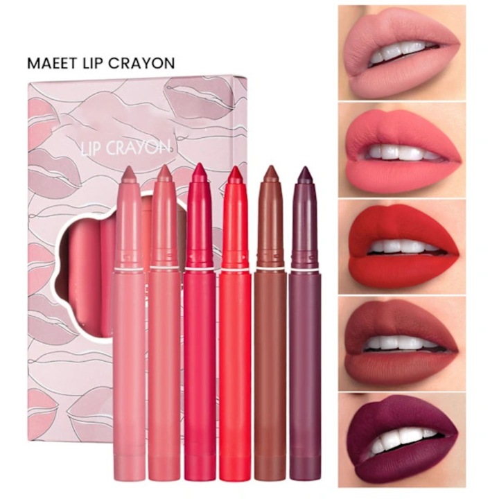 Set 6 bucati, Creioane contur buze mate, rezistente la apa, cu efect de lunga durata si textura cremoasa, Multicolor