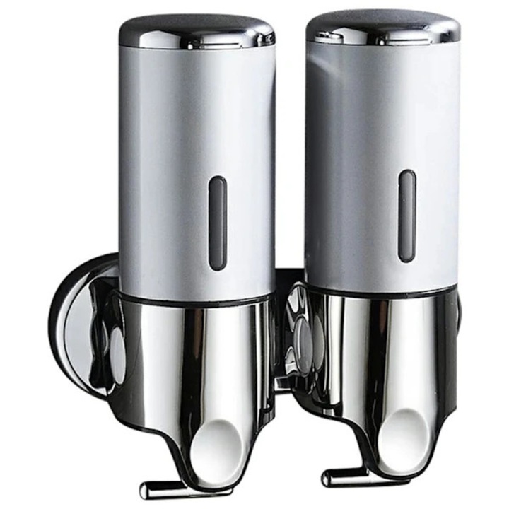 Dupla szappanadagoló / adagoló, kézi pumpával, rozsdamentes acél/ABS, 2 x 500 ml (1000 ml), falra szerelhető, korrózióálló, ezüst