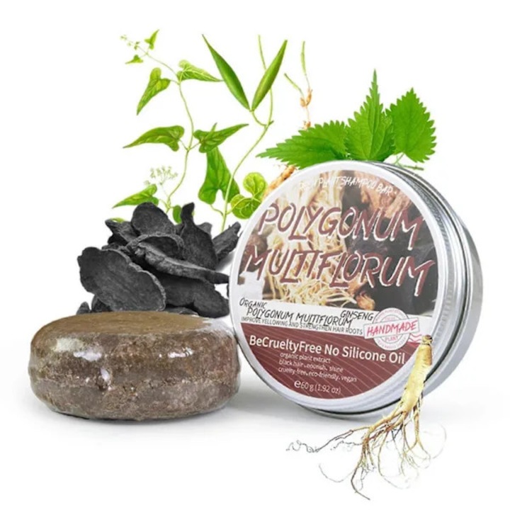 Szilárd sampon (samponrúd) Polygonum Multiflorum, gyógynövény alapú, szilikonmentes, kézzel készített, minden hajtípusra, barna, 60 g