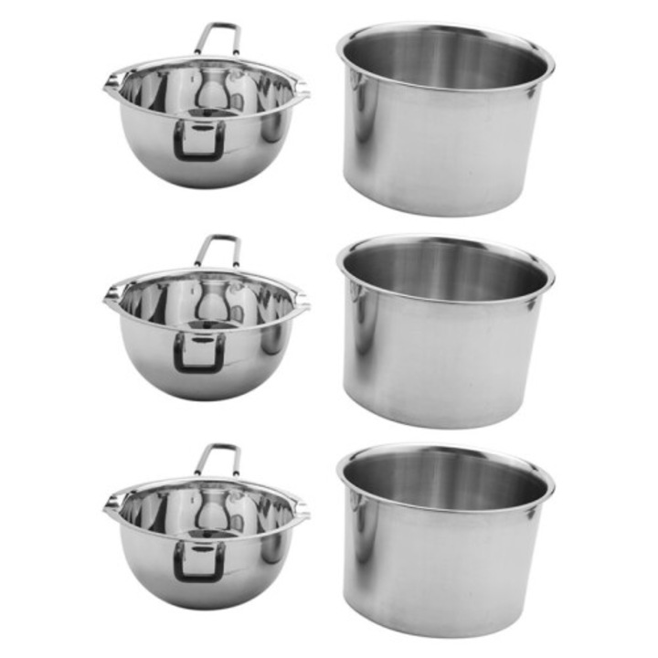 Set 6 bucati oale/cratite bain-marie din inox pentru topit ciocolata, sapun si ceara, inox, 600ml/1600ml