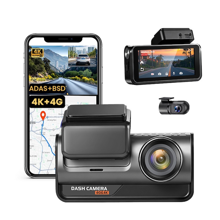 Camera auto dubla MaGeCa, Conexiune 4G cartela SIM, Camera fata UHD 4K + camera spate Full HD 1080P, Ecran 3.69 inch, Monitorizare de la distanta, GPS integrat, Functii ADAS + BSD, G-senzor, Inregistrare in bucla, Control din aplicatie, Vedere nocturna