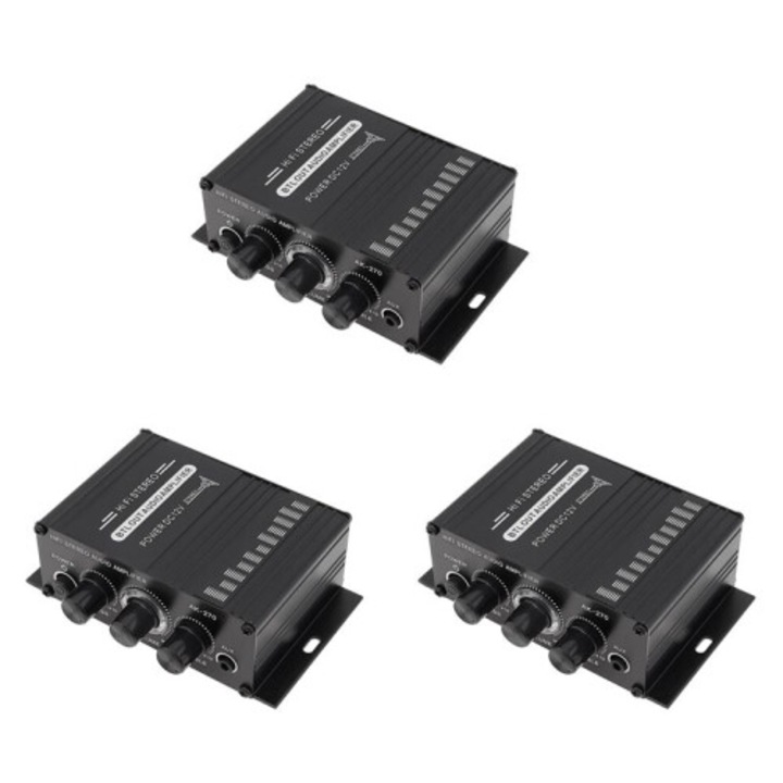 3 darabos szett, D osztályú 2 csatornás audio erősítő, sztereó erősítő karaoke és házimozihoz, USB/AUX bemenet, Fekete