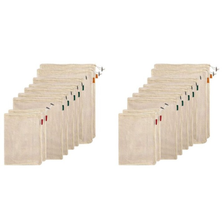 Set 18 bucati, pungi/saci reutilizabile pentru legume si fructe, din plasa de bumbac, cu snur de strangere, Natural