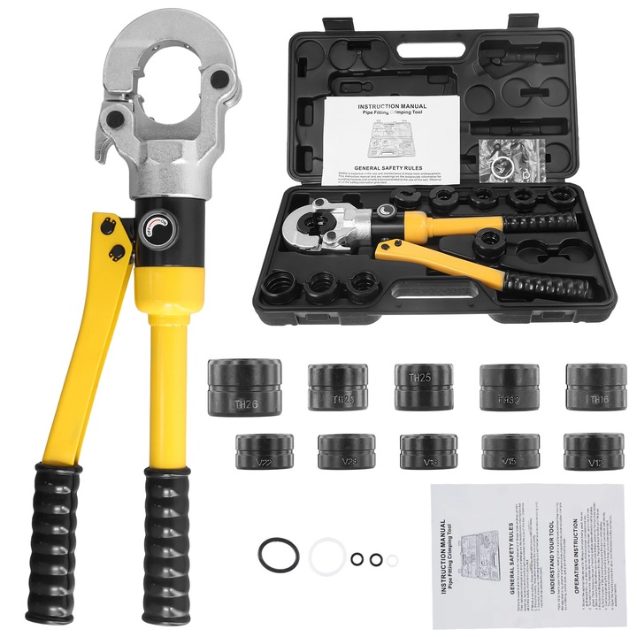 Cleste hidraulic de sertizat tevi, Unealta de presare, Profil TH & V, Pentru PEX, cupru, otel inoxidabil, Presiune reglabila, Forta mare de presare, Pentru instalatii & DIY