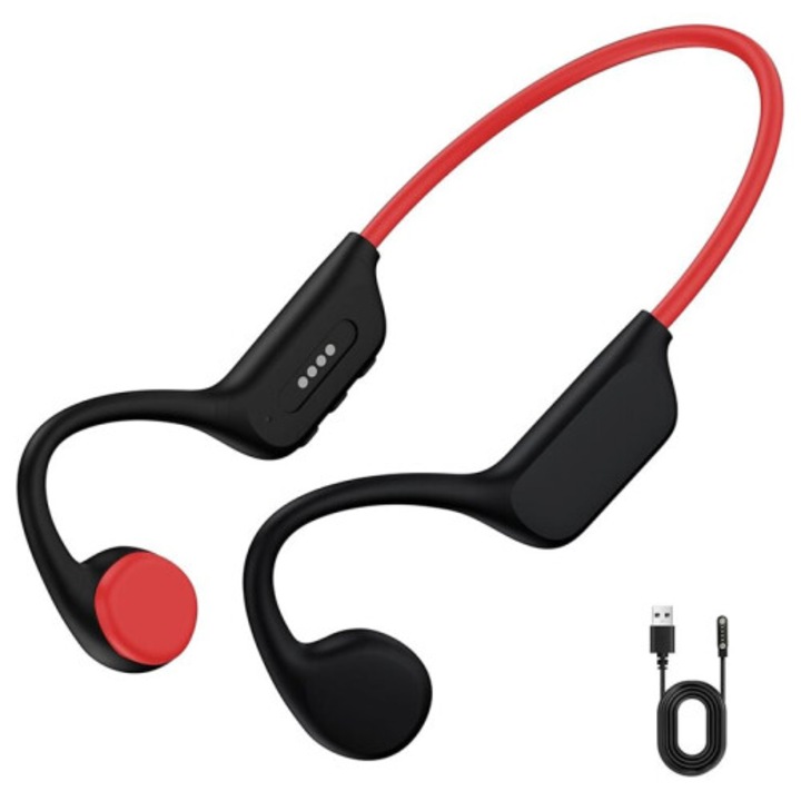 Casti cu conductie osoasa, casti bone conduction, rezistente la apa IPX8, Bluetooth 5.4, open-ear pentru inot subacvatic, negru/rosu