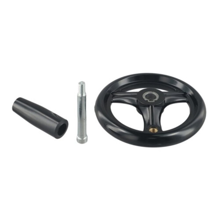 Kézi kerék esztergához/marógéphez D160 mm, műanyag kézikerék, 3 küllős, forgatható fogantyúval, fekete, 1 db