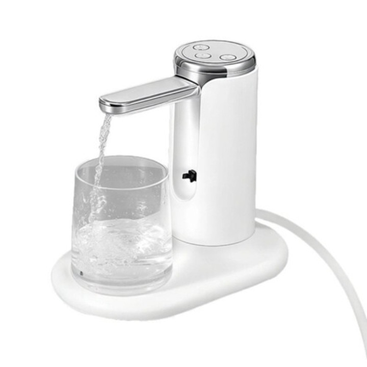 Pompa dozator apa electrica pentru sticle, automat, reincarcabil USB, portabil, Alb