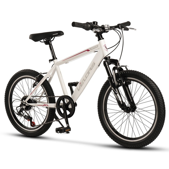 MTB велосипед с 20" колела, предно окачване, въртяща се команда, V-образни спирачки, 7 скорости, бял/лилав/сив, планински велосипед Velors Neptune Genius унисекс