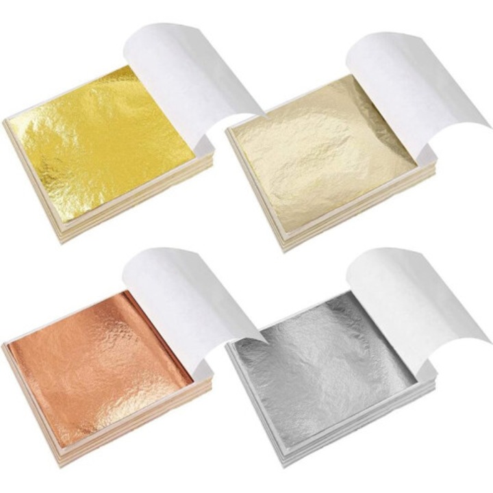 Foi decorative metalizate (foita metalica), imitatie aur si argint, pentru arta si decoratiuni DIY, Multicolor, 400 bucati, 5.5 x 5.5 in