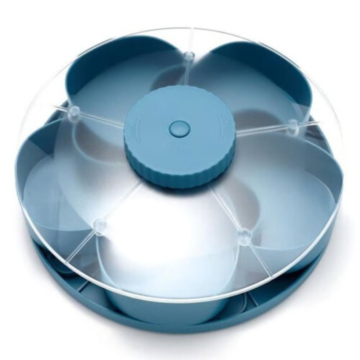 Tava rotativa pentru gustari/platou rotativ, 5 compartimente, cu capac, portabila Lazy Susan, albastru/transparent