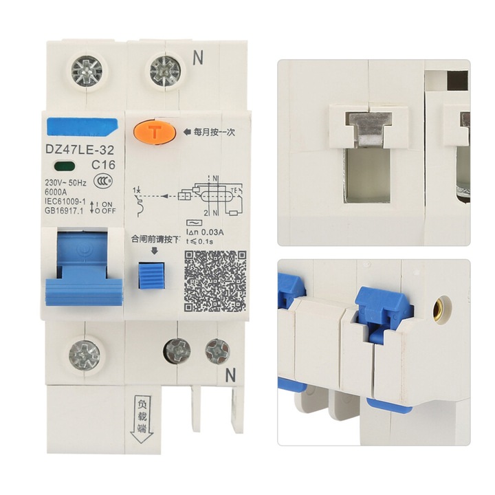 Intrerupator diferential (disjunctor rezidual) DZ47LE-32 1P+N, 16A, sensibilitate 30 mA, capacitate de rupere 4500 A, protectie la scurgeri, suprasarcina si scurtcircuit, alb/albastru, 1 buc